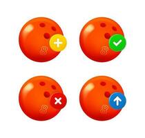 Bowling ball icon set with different pictograms. 3d vector icons set