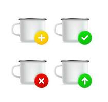 Metal mug icons set with different pictograms. 3d vector icons set isolated on white background