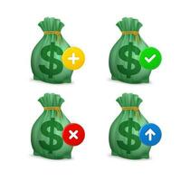 Sack of money icon set with different pictograms. 3d vector icons set