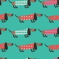 Seamless pattern with dachshunds in clothes on blue background vector