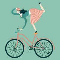 Retro card with lady on bicycle vector