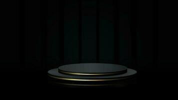 Black podium with golden rim on black background. Vector geometric forms.Stage for showcase, Product display.