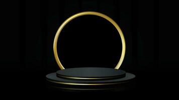 Abstract 3D black  stand podium golden ring backdrop. Dark minimal wall scene for product display presentation. Vector geometric.