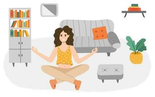 Happy girl in lotus pose practicing yoga at home. Woman meditates sitting with crossed legs. Cartoon concept of meditation, calmness, yoga, sport, health care. Stylized vector hand drawn illustration