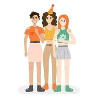 Three women at the party stand facing us, hugging, smiling and taking a picture. Happy people celebrating with party hats. Holiday celebration concept. Vector illustration having fun with friends.