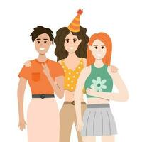 Three women at the party stand facing us, hugging, smiling and taking a picture. Happy people celebrating with party hats. Holiday celebration concept. Vector illustration having fun with friends.