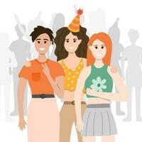 Three women at the party stand in front of crowd, hugging, smiling, taking a picture. Happy people celebrating with party hats. Holiday celebration concept. Vector illustration having fun with friends