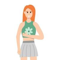 Young lady in top with chamomile and tennis skirt. Smiling, showing thumb up. Concept of happy woman who thinks that it's cool. Female character showing positive gesture. Happiness emotions, language vector