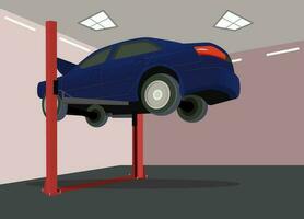 Auto repair car. The car is lifted to the service station for repair or maintenance. Vector illustration