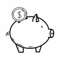 Coin and piggy bank. Vector doodle illustration. Business icon.