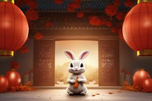 Cheerful Rabbit Celebrating Mid Autumn, Happy Mid Autumn Festival Background. Generative Ai photo