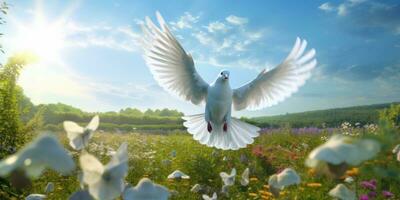 internacional paz día, blanco paloma volador en azul cielo fondo, pájaro de paz símbolo. generativo ai foto