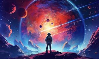 Human Space Exploration Background, Colorful Space Illustration. photo