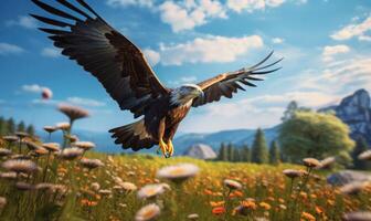 Bald Eagle Flying on Flower Field Blue Sky Background. photo