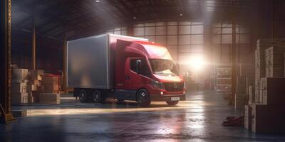 Delivery Truck Loaded with Cardboard Boxes, Logistics Warehouse, Online Delivery Service. photo