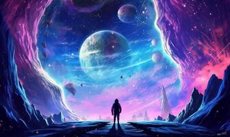 Human Space Exploration Background, Colorful Space Illustration. photo