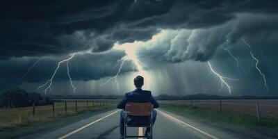 Businessman Determined to Face any Challenge, Cityscape Thunder Storm Background. photo