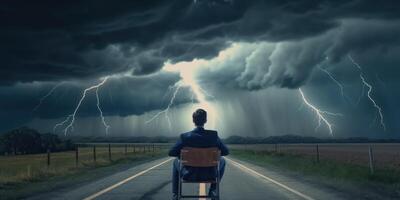 empresario determinado a cara ninguna desafío, paisaje urbano trueno tormenta antecedentes. generativo ai foto