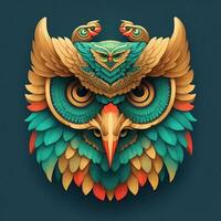 búhos quetzalcoatl cabeza, simétrico, plano icono diseño, ai generado foto