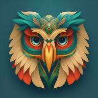 búhos quetzalcoatl cabeza, simétrico, plano icono diseño, ai generado foto