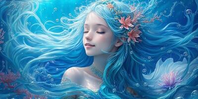 the blue aquarius mermaid in the deep ocean, incredibly beautiful, AI generated photo