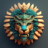 Lion quetzalcoatl head, symmetrical, flat icon design, 3D render. photo