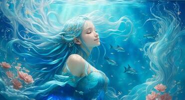 el azul Acuario sirena en el profundo océano, increíblemente hermoso, ai generado foto