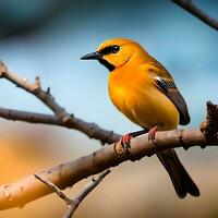 cute colored bird perched on a tree branch with a blurry background photo