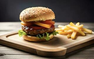 Close-up of a hamburger on a plate on a wooden table photo