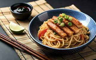 de cerca de japonés ramen tallarines en un cuenco foto