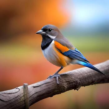 cute colored bird perched on a tree branch with a blurry background photo