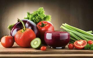 various fresh fruits on a wooden table photo