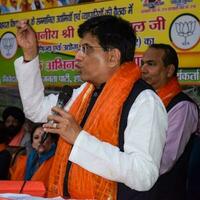 New Delhi, India - November 27 2022 - Piyush Goyal Cabinet Minister and core member of Bharatiya Janata Party - BJP during a rally in support of BJP candidate ahead of MCD local body Elections 2022 photo