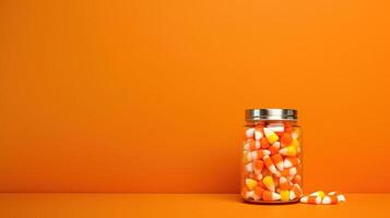 Halloween Pumpkin Decoration with orange background and copy space photo