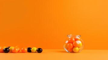 Víspera de Todos los Santos calabaza decoración con naranja antecedentes y Copiar espacio ai generado foto