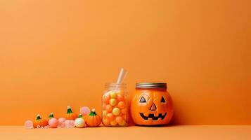Halloween Pumpkin Decoration with orange background and copy space ai generated photo