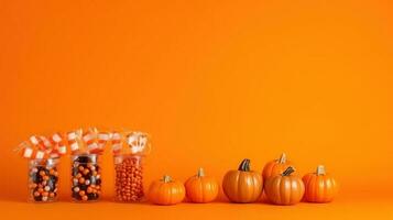 Víspera de Todos los Santos calabaza decoración con naranja antecedentes y Copiar espacio ai generado foto