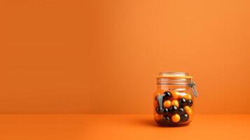Halloween Pumpkin Decoration with orange background and copy space photo
