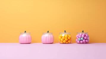 Víspera de Todos los Santos calabaza decoración con naranja antecedentes y Copiar espacio ai generado foto