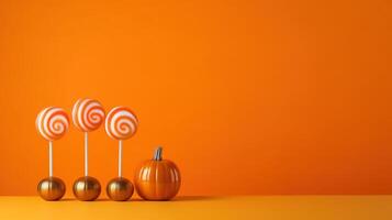 Víspera de Todos los Santos calabaza decoración con naranja antecedentes y Copiar espacio ai generado foto