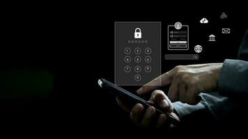 Man Using Virtual Screen to Enter Unlock Code on Mobile Device innovation security and privacy. Digital technology safety online internet financial and banking, networking concept. photo