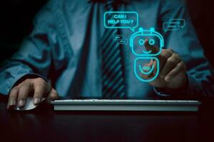 AI Artificial Intelligence and conversational chatbots businesses digital technology interact with applications, including customer service, sales and marketing and big data virtual screen. photo