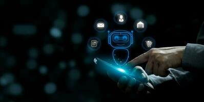 robot ai artificial intelligence big data and marketing, planning sale information and research development. Hand using smartphone digital technology. photo