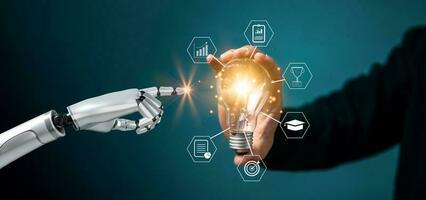 futuristic hand robot pointing lightbulb, representing concepts of artificial intelligence, AI, robotics, machine learning and education innovation.digital technology analysis. photo