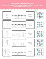 Six To Ten Number And Word Tracing Worksheet. Cut And Paste Worksheet With Pictures. Premium Vector Element.