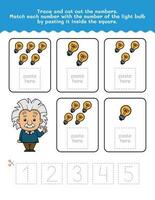 One to Five Number And Word Tracing Worksheet. Cut And Paste Worksheet With Lighbulb Pictures. Premium Vector Element.