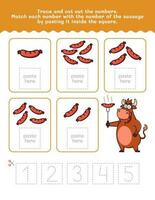 One To Five Number And Word Tracing Worksheet. Cut And Paste Worksheet With Sausage Pictures. Premium Vector Element.