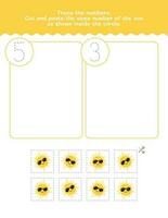 Five And Three Counting And Tracing Number Worksheet. Cut And Paste Worksheet With Pictures. Premium Vector Element.