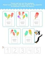 One To Five Number And Word Tracing Worksheet. Cut And Paste Worksheet With Popsicle Pictures. Premium Vector Element.