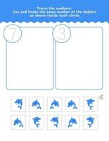 Seven And Three Count And Tracing Number Worksheet. Cut And Paste Worksheet With Pictures. Premium Vector Element.